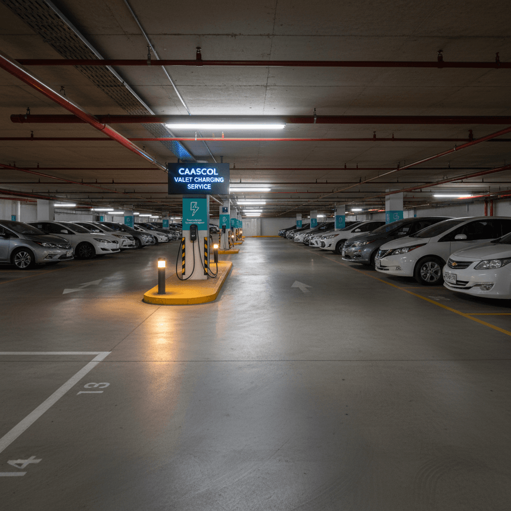 Residential underground parking garage with organized rows of marked spaces, some occupied, some empty, at dusk