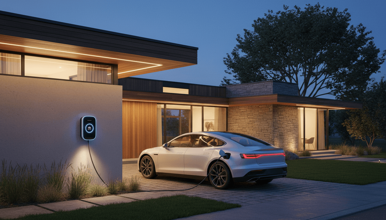 Estación de carga de vehículos eléctricos en hogar moderno con iluminación ambiental