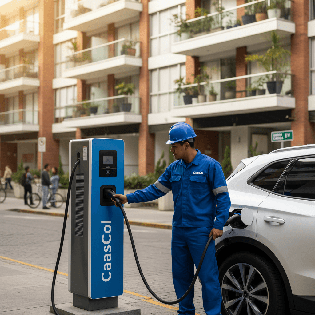 CaasCol technician charging an electric vehicle in Bogotá's residential area.